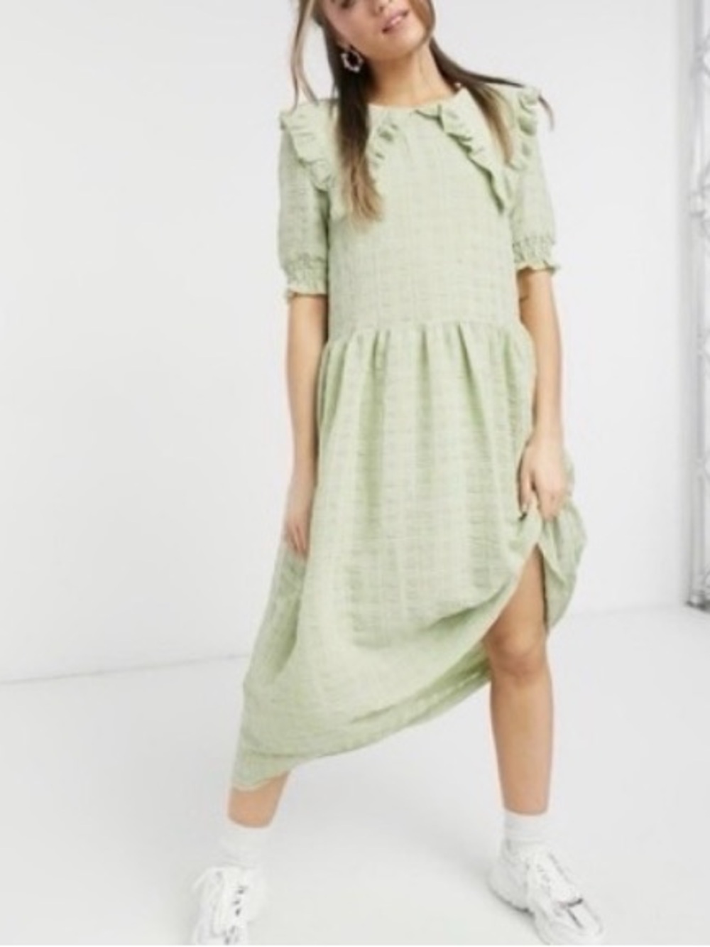 Monki Women's XL Mint Green Peasant Dress Maxi Collar Short Sleeve Retro Farmer